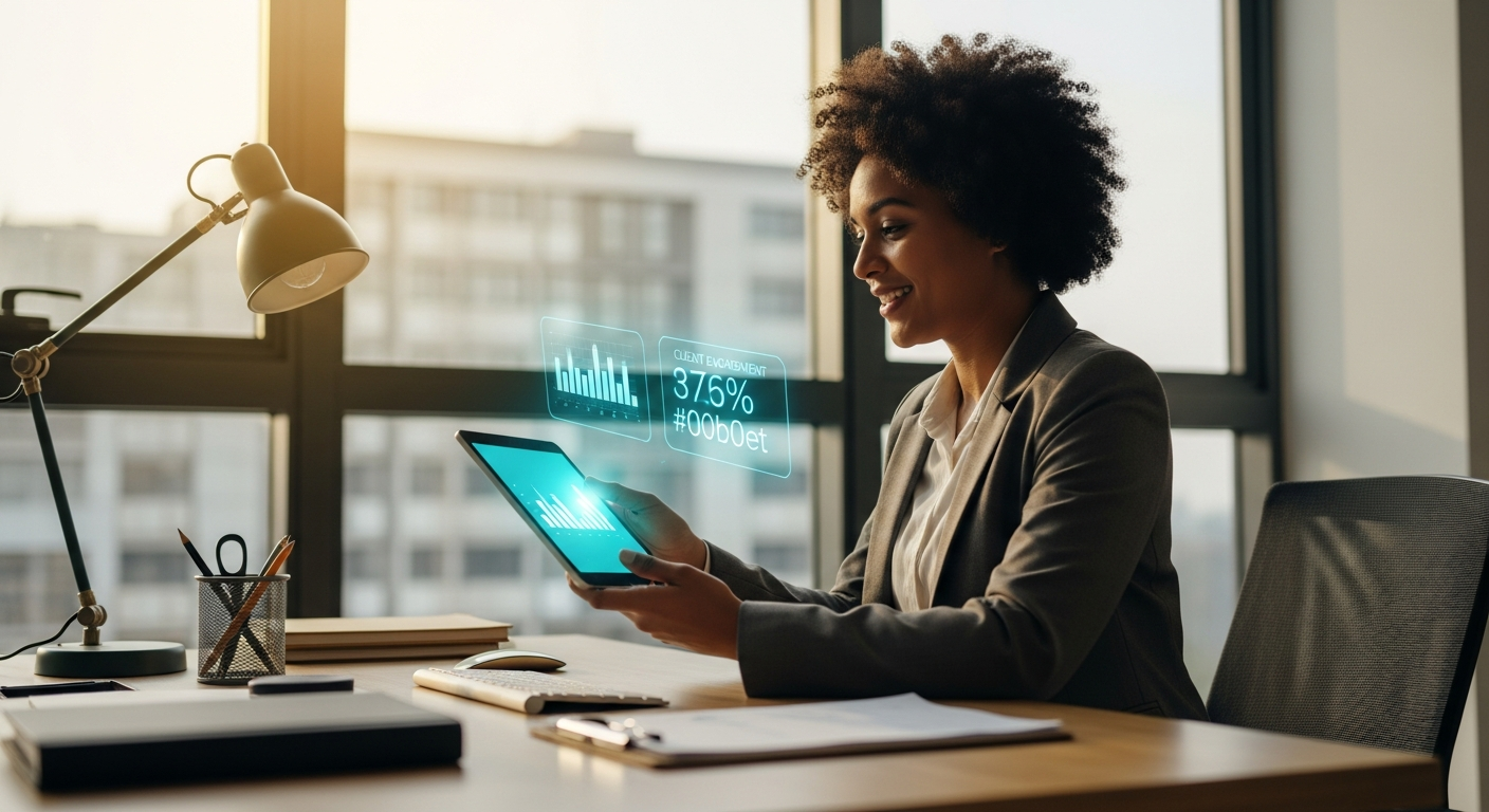 Professional accountant reviewing client communications on tablet