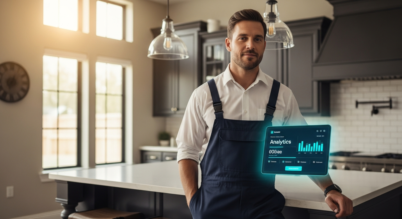 Professional plumber checking tablet with email analytics