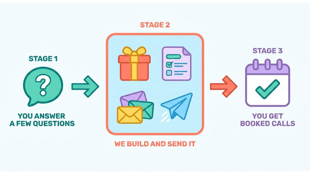 How a full-service email marketing agency works: you answer a few questions, we build and send it, you get booked calls